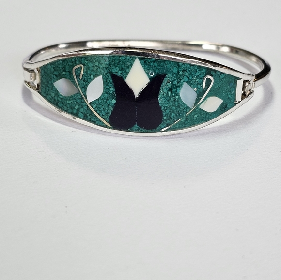 Vintage 3 Crushed Turquoise & Abalone Alpaca Silver Bracelets! - Picture 5 of 10